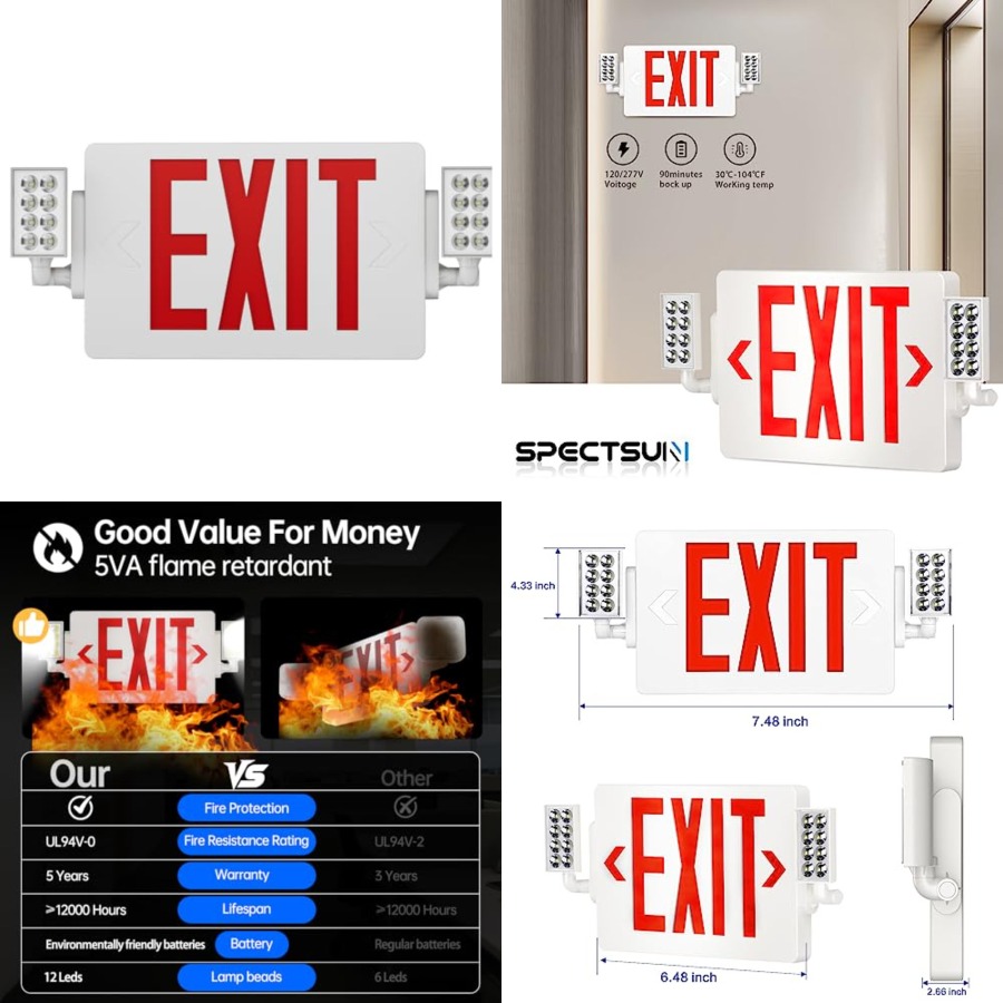 Emergency Exit Sign - لافتات خروج Spectsun مع أضواء طوارئ،